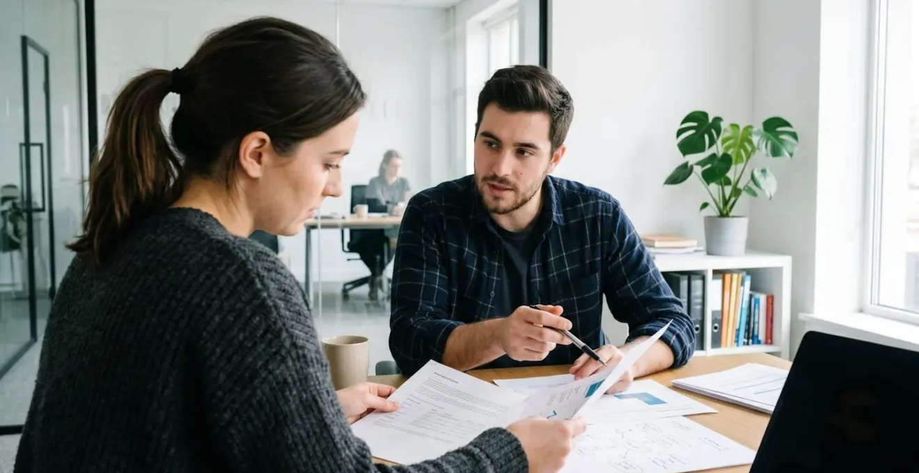 Deux personnes vues de dos ou de profil consultant ensemble un document sur une table, dans un environnement de bureau lumineux et contemporain