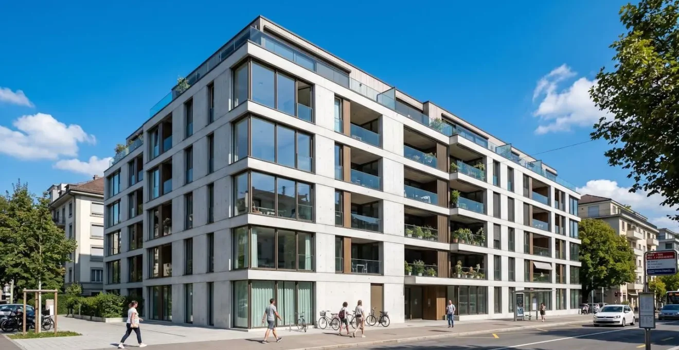 Façade d'un immeuble résidentiel genevois sous un ciel dégagé, avec des balcons modernes et des lignes architecturales nettes