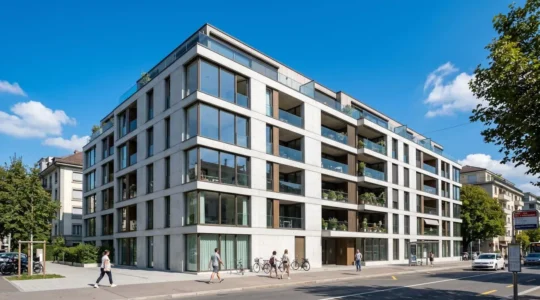 Façade d'un immeuble résidentiel genevois sous un ciel dégagé, avec des balcons modernes et des lignes architecturales nettes