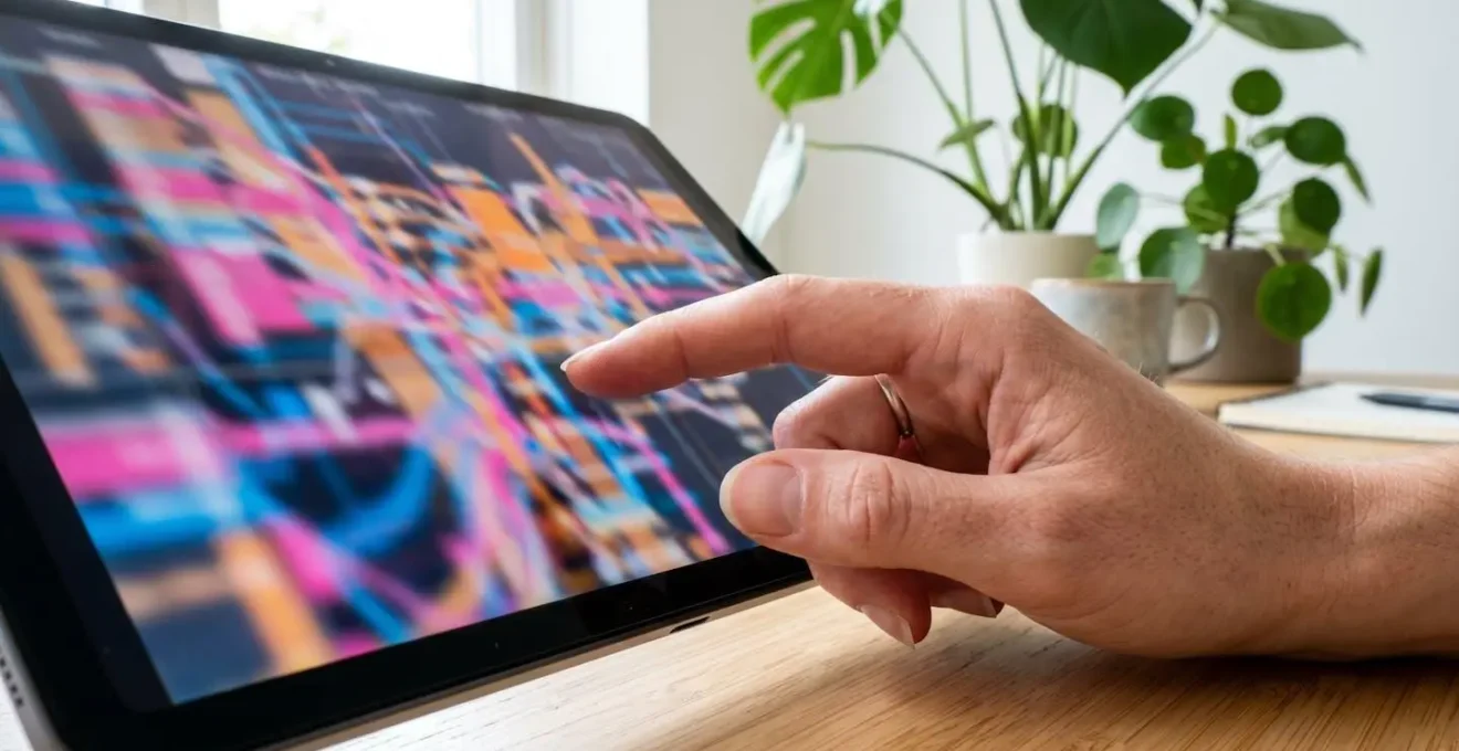 Gros plan sur une main utilisant une tablette affichant des graphiques et des données floues, sur une surface de travail moderne avec une plante verte en arrière-plan
